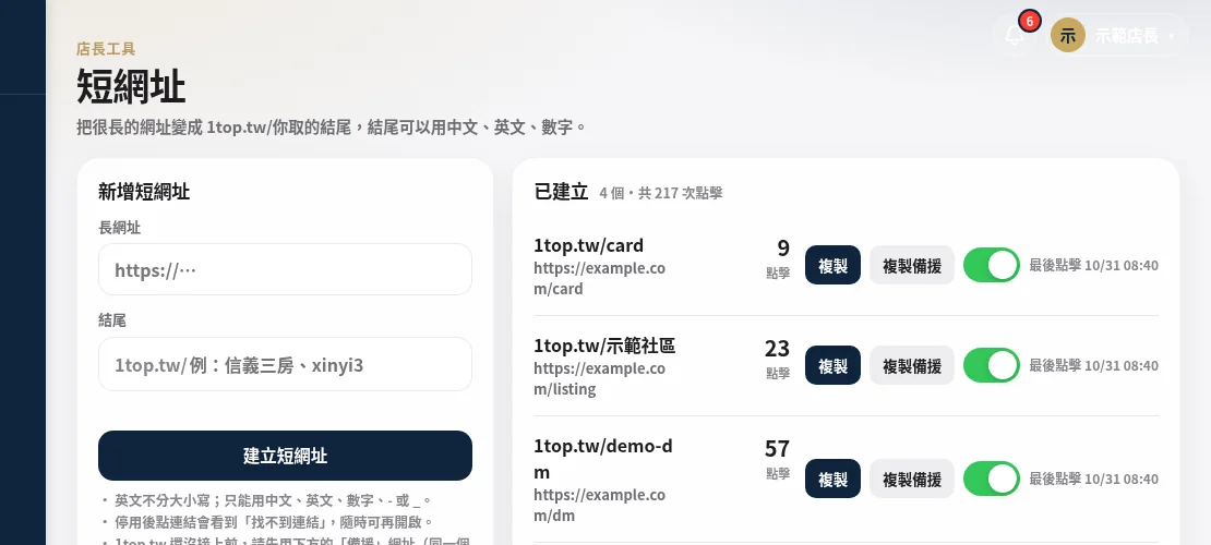 短網址管理畫面（示範資料）