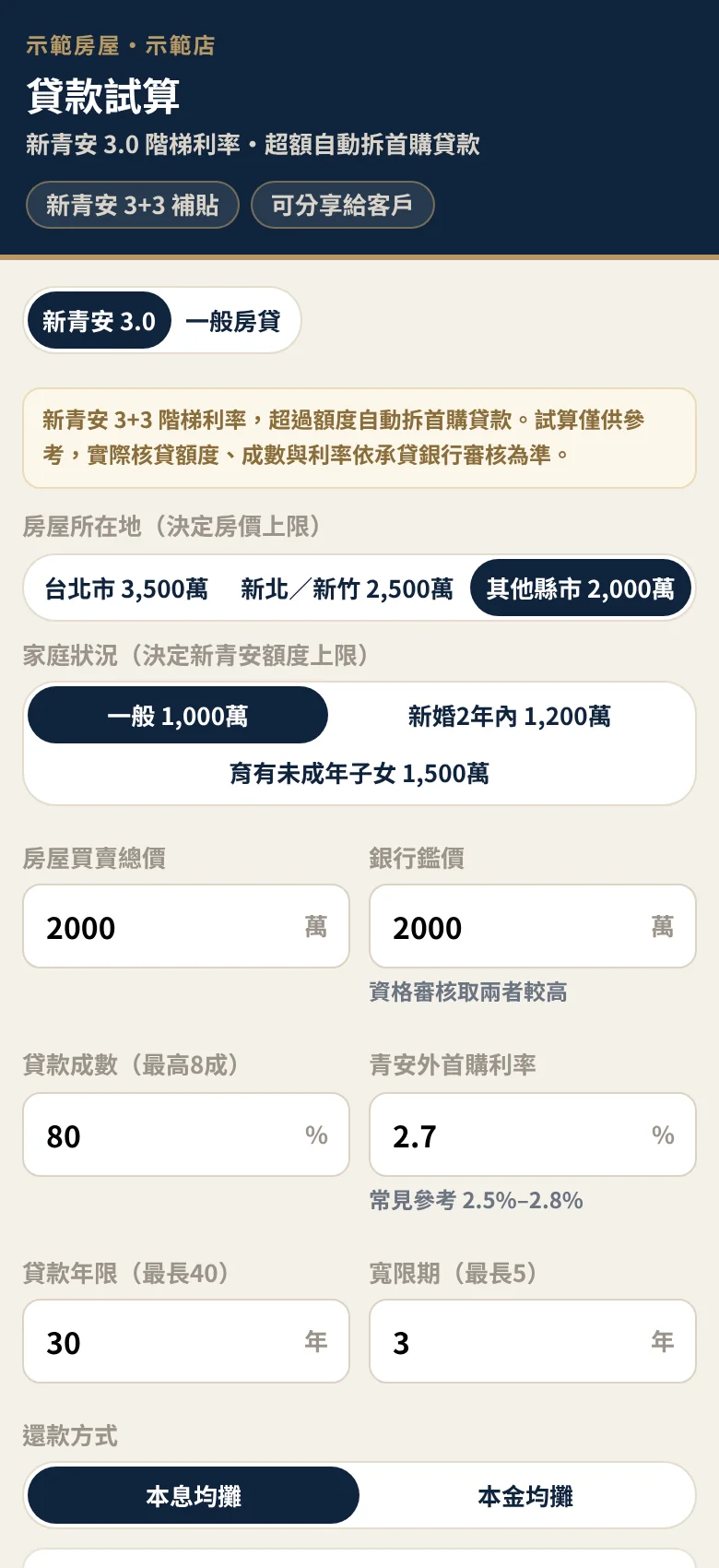 房貸試算畫面